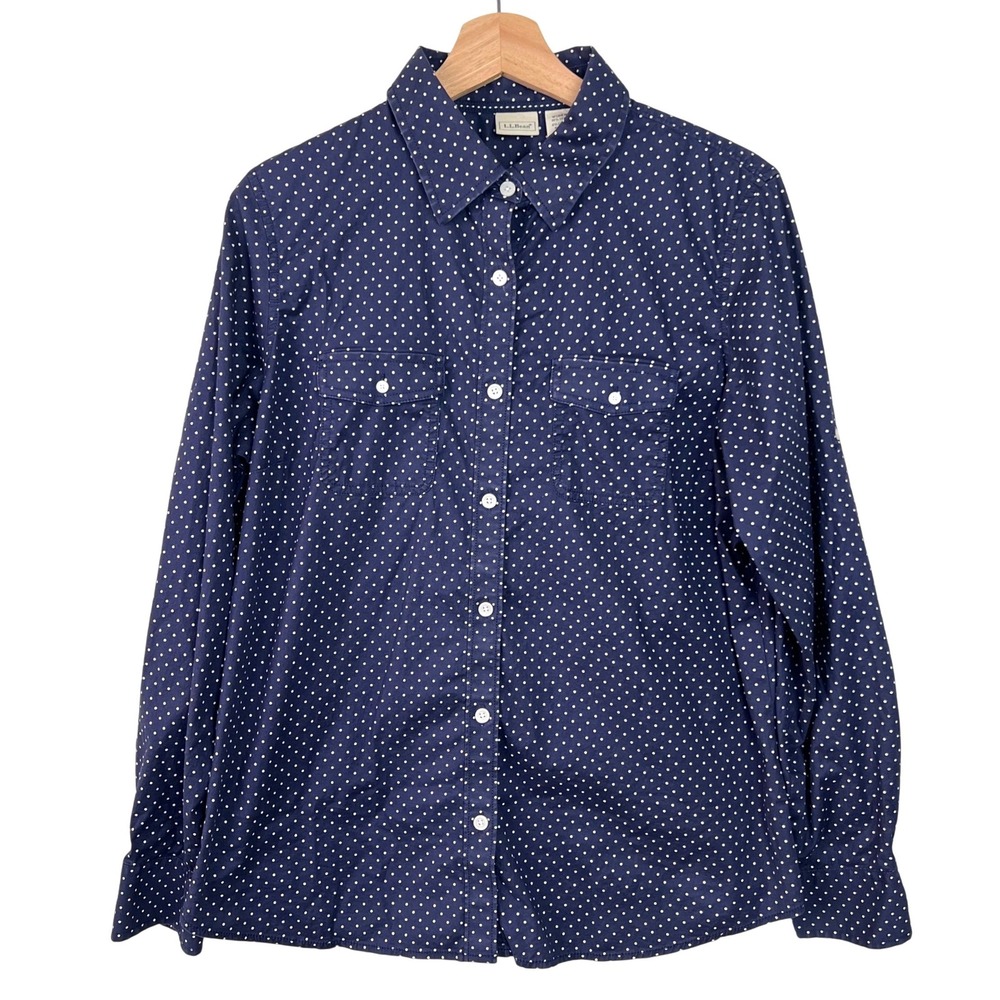 LL Bean Womens Navy Blue Polka Dot Roll Tab Sleeve Button Down Shirt Large OFWJ7